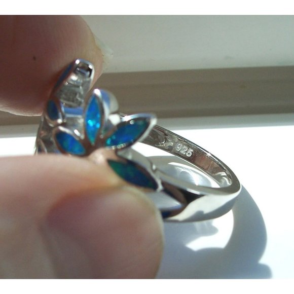 925 STERLING SILVER Lab Created Blue Fire Opal Plumeria Ring - Picture 10 of 15
